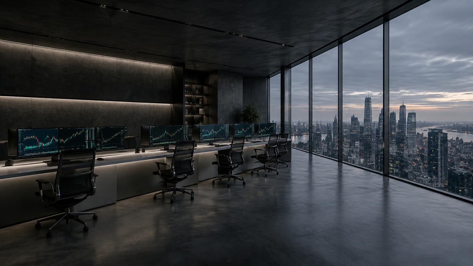 Espacio de estudio de trading, visualización arquitectónica